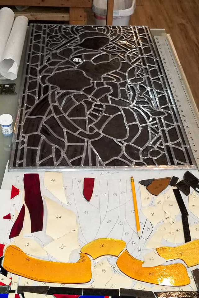 Stained glass panel during releading and restoration at First Presbyterian Church of Chicago