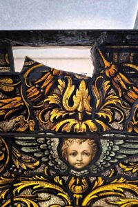 Deteriorated Franz Xaver Zettler stained glass panel before restoration at St. Hyacinth Basilica