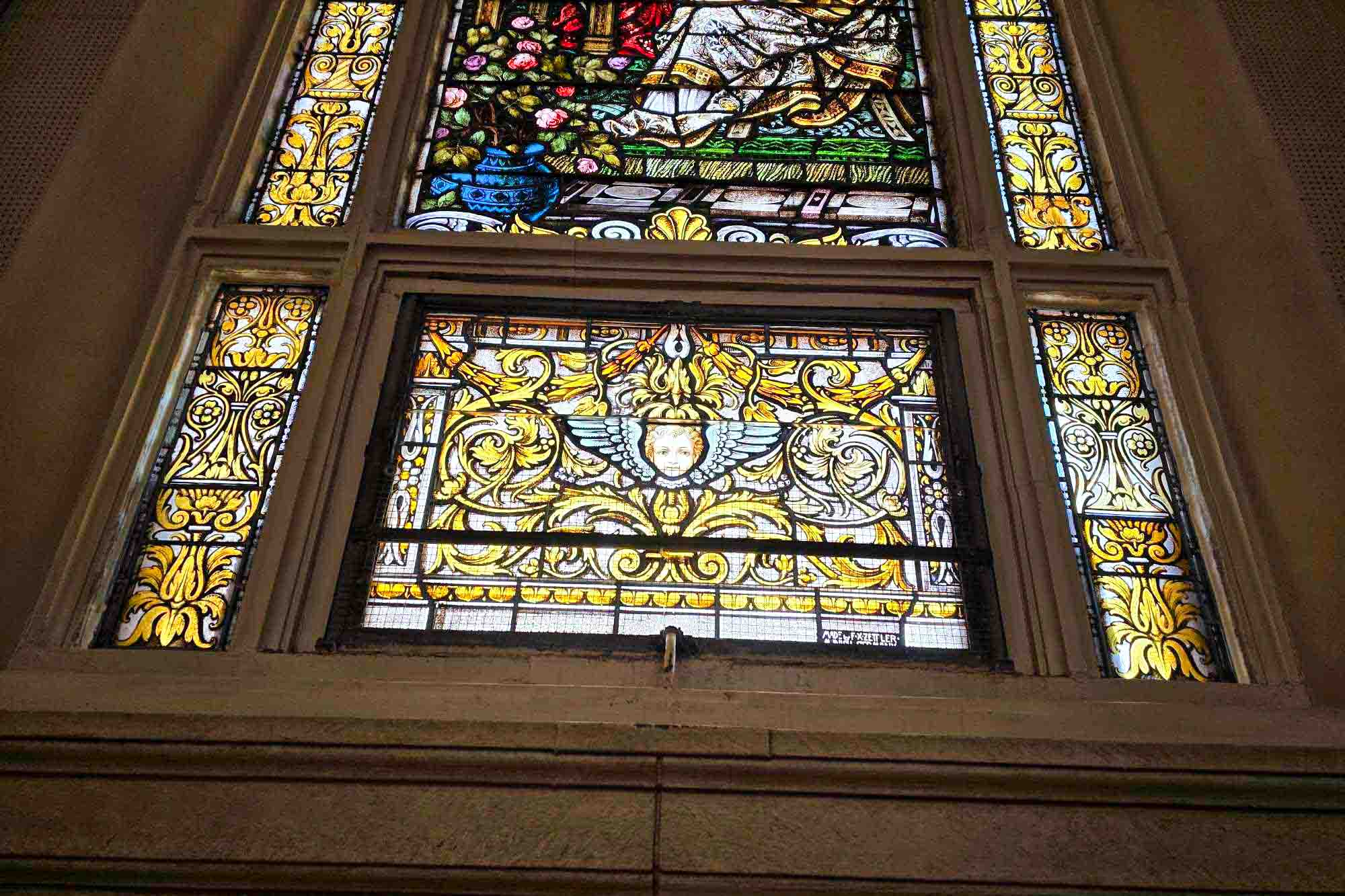 Franz Xaver Zettler stained glass window detail during restoration at St. Hyacinth Basilica in Chicago