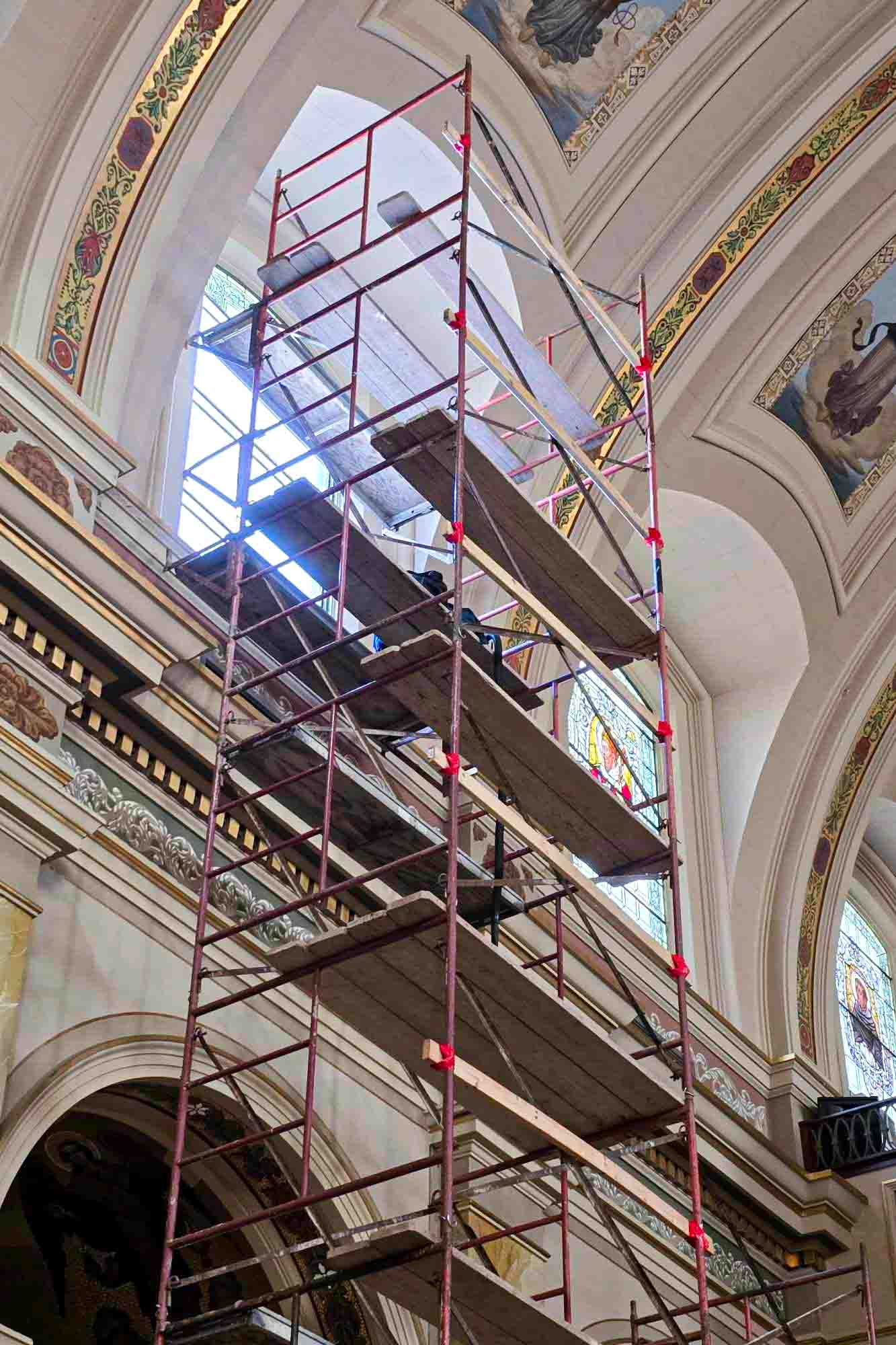 Franz Xaver Zettler stained glass window detail during restoration at St. Hyacinth Basilica in Chicago