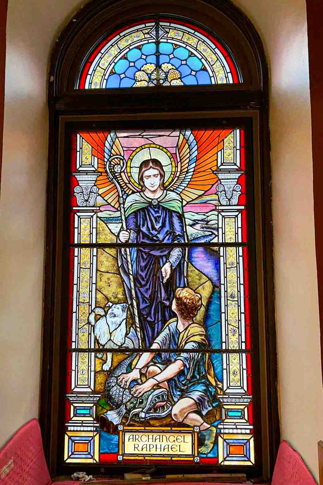 Full-scale stained glass cartoon showing design details for Archangel window