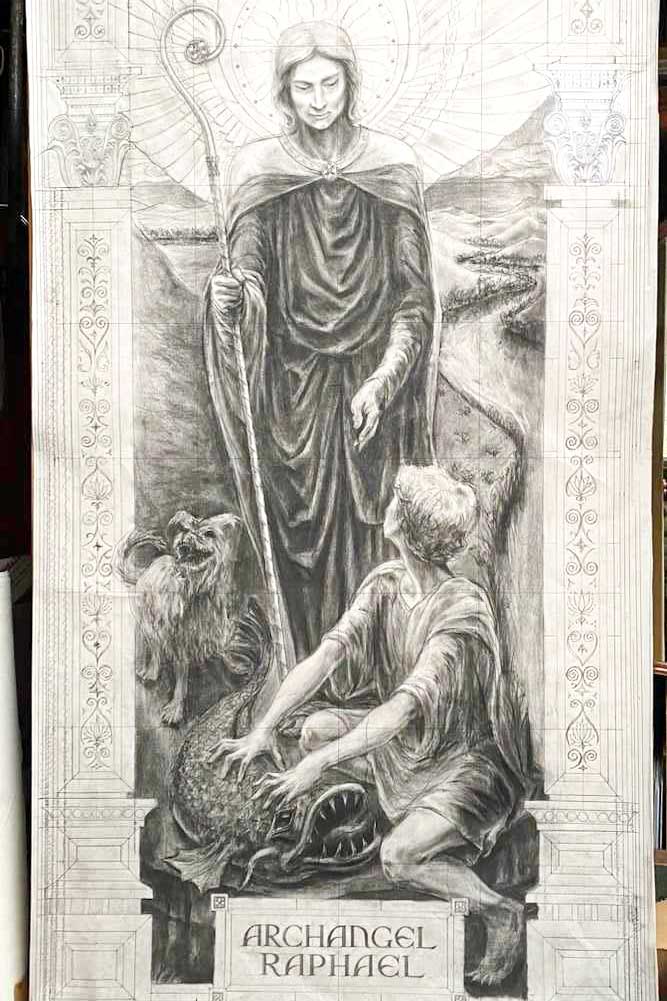 Full-scale cartoon drawing for St. Raphael stained glass window at St. John Cantius Church