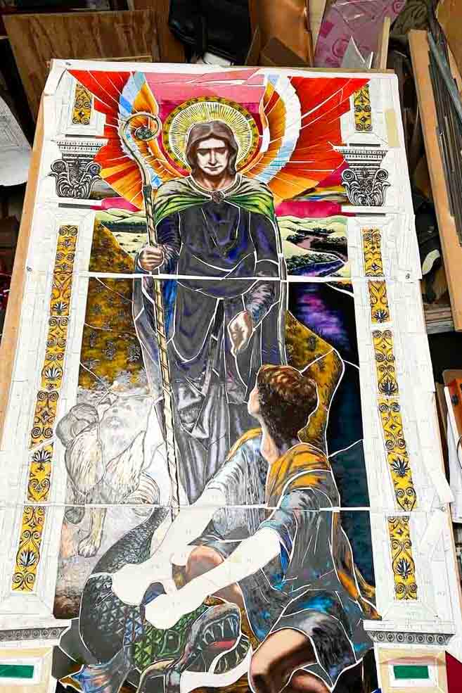 Full-scale color cartoon for St. Michael Archangel stained glass window commission